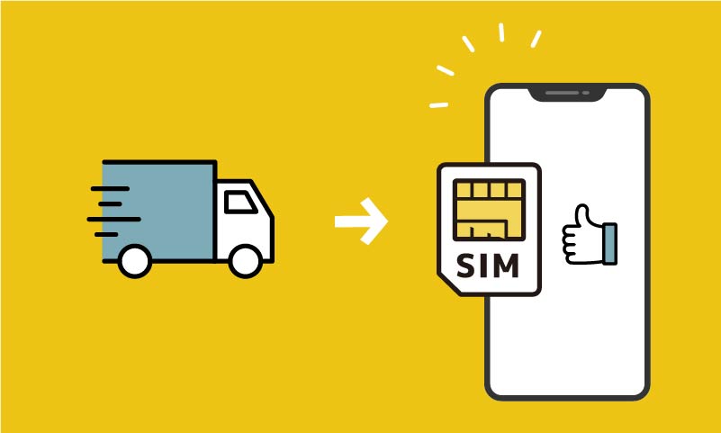 審査完了後にSIMカードが自宅へ届き、スマートフォンに差し込んですぐ利用開始できることを示すイラスト